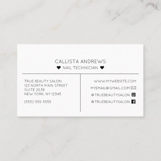 Einfache Hübsche Weiße Herz Typografie Nail Tech Visitenkarte (Rückseite)