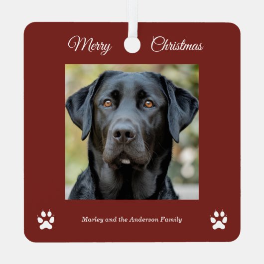 Einfache Hunde Foto Frohe Weihnachten Rot Ornament Aus Metall (Rückseite)