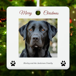 Einfache Hunde Foto Frohe Weihnachten Weiß Ornament Aus Metall