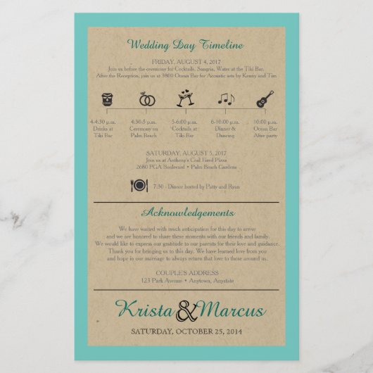 Einfache Icons Timeline Hochzeitsprogramm (Vorderseite)