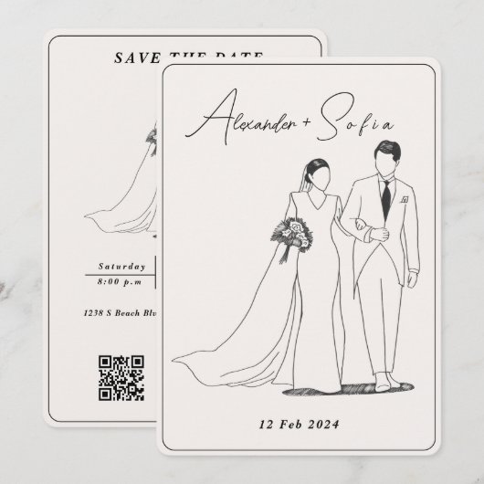 Einfache Illustration mit QR Code UAWG Wedding Einladung (Vorne/Hinten)