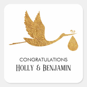 Einfache Imitate Gold Stork Herzlichen Glückwunsch Quadratischer Aufkleber