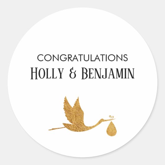 Einfache Imitate Gold Stork Herzlichen Glückwunsch Runder Aufkleber (Vorderseite)