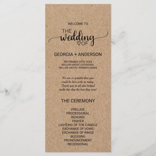 Einfache Imitate Kraft-Kalligrafie-Hochzeitsprogra Programm (Vorderseite)