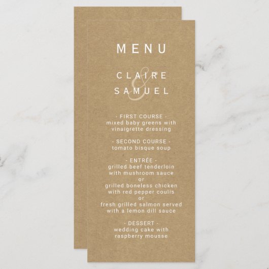 Einfache Imitate Rustikale Braun Kraft Hochzeit Menükarte (Vorne/Hinten)
