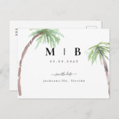 Einfache Initials Tropische Hochzeit speichern das Ankündigungspostkarte (Vorne/Hinten)