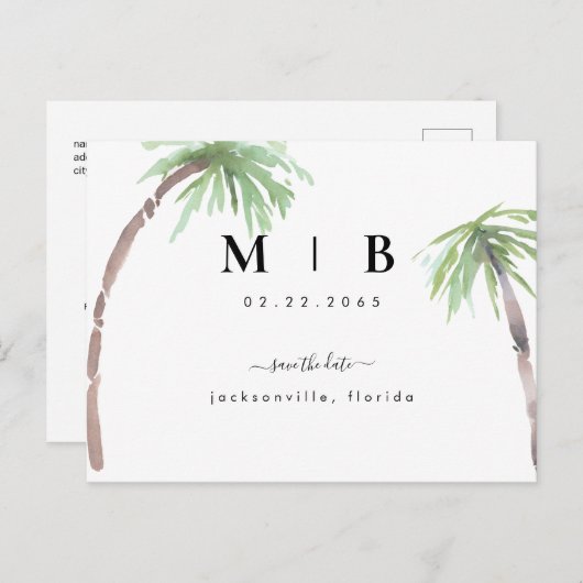 Einfache Initials Tropische Hochzeit speichern das Ankündigungspostkarte (Vorne/Hinten)