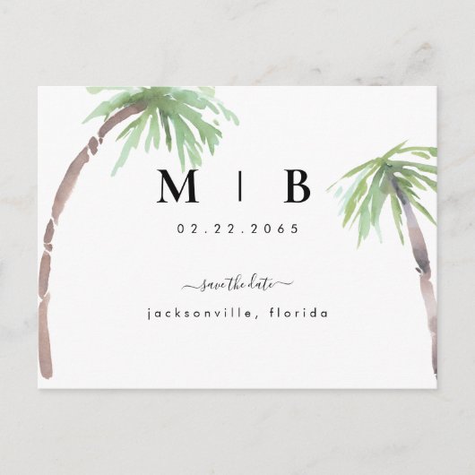 Einfache Initials Tropische Hochzeit speichern das Ankündigungspostkarte (Vorderseite)