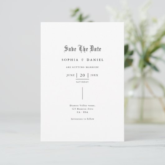Einfache Inline-Gotik-Schriftart Romantisches Hoch Save The Date (Stehend Vorderseite)