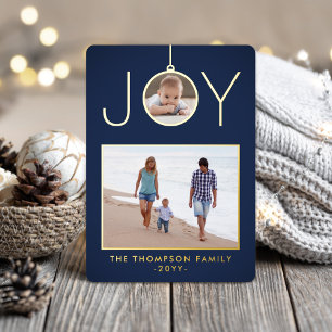 Einfache Joy Weihnachtsschmuck 2 Foto Navy & Gold Folien Feiertagskarte