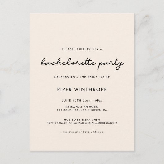 Einfache Junggeselinnen-Abschied-Einladung Postkarte (Vorderseite)