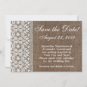 Einfache Jute und Spitze Save the Date