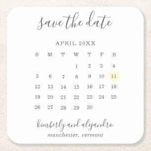 Einfache Kalenderpastel Gelbes Herz Save the Date Rechteckiger Pappuntersetzer