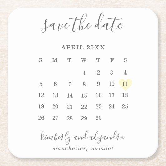 Einfache Kalenderpastel Gelbes Herz Save the Date Rechteckiger Pappuntersetzer (Vorderseite)