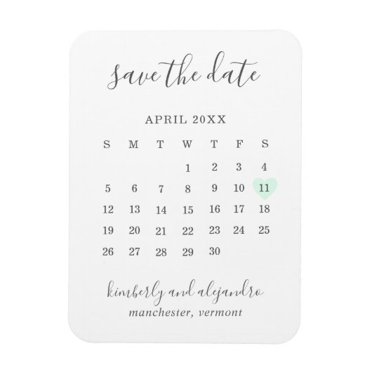 Einfache Kalenderpastel Grünes Herz Save the Date Magnet (Vertikal)