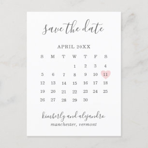 Einfache Kalenderpastel Rosa Herz Save the Date Ankündigungspostkarte