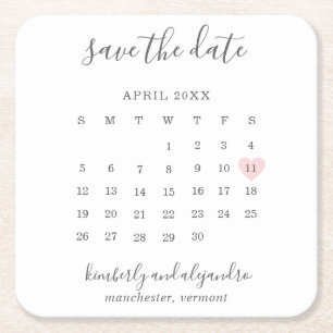 Einfache Kalenderpastel Rosa Herz Save the Date Rechteckiger Pappuntersetzer