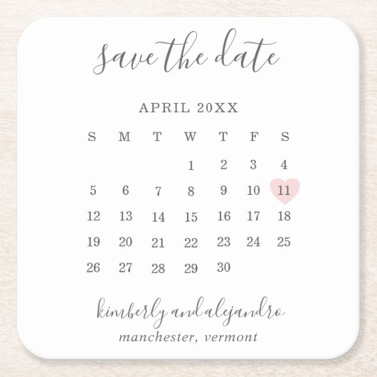 Einfache Kalenderpastel Rosa Herz Save the Date Rechteckiger Pappuntersetzer (Vorderseite)