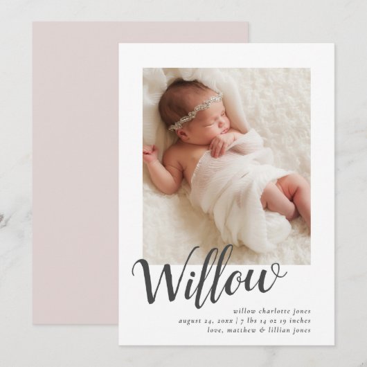 Einfache Kalligrafie Foto Geburtserklärung Einladung (Vorne/Hinten)