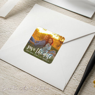 Einfache Kalligrafie-Foto-Hochzeit 'Save the Date' Quadratischer Aufkleber