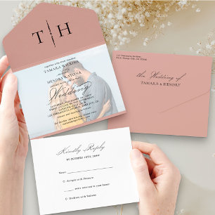 Einfache Kalligrafie Foto Roségold RSVP Hochzeit All In One Einladung