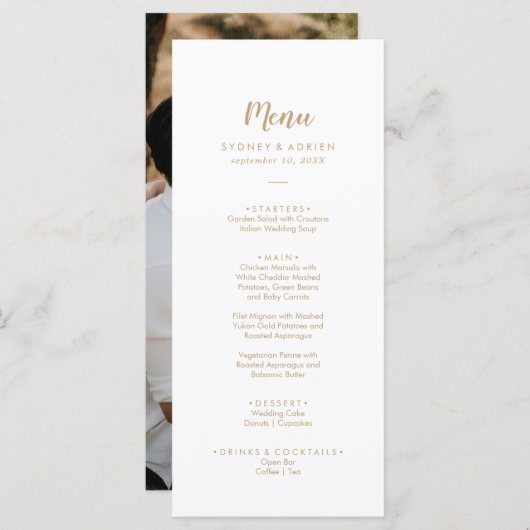 Einfache Kalligrafie|Gold Foto Hochzeitmenü Menükarte (Vorne/Hinten)