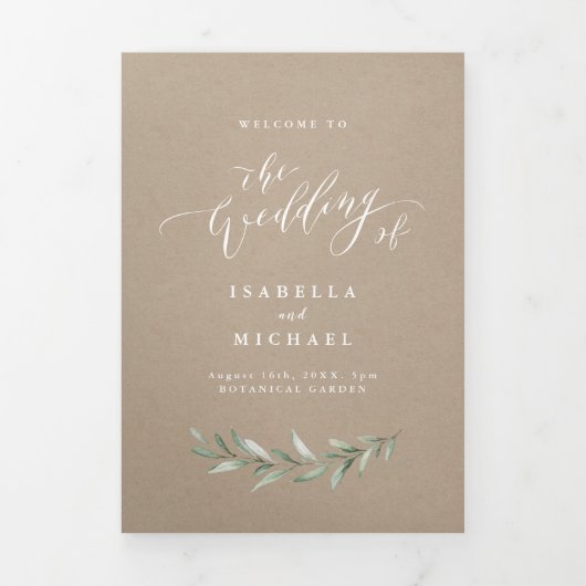Einfache Kalligrafie rustikale Grünzeug Hochzeitsp Dreifach-gefaltete Programmkarte (Cover)