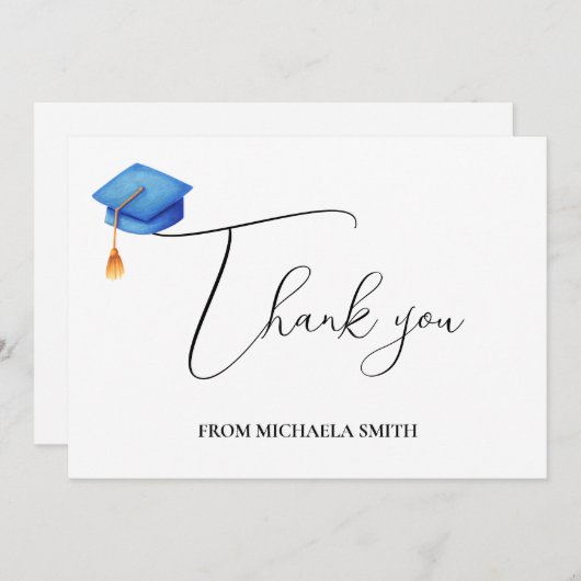 Einfache Kalligrafie Script Blue Abschluss Dankeskarte (Vorne/Hinten)
