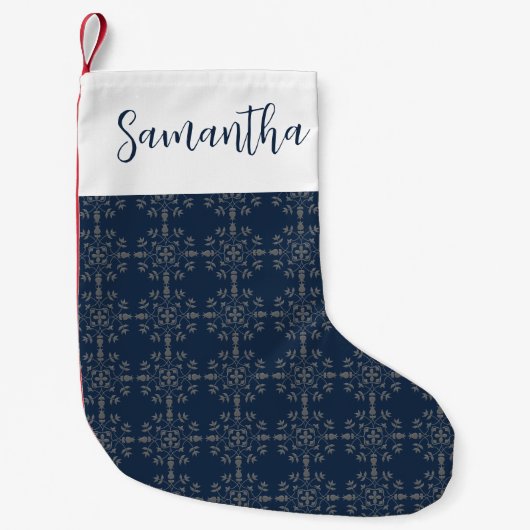 Einfache Kalligrafie Script Navy Silver Snowflakes Kleiner Weihnachtsstrumpf (Vorderseite)