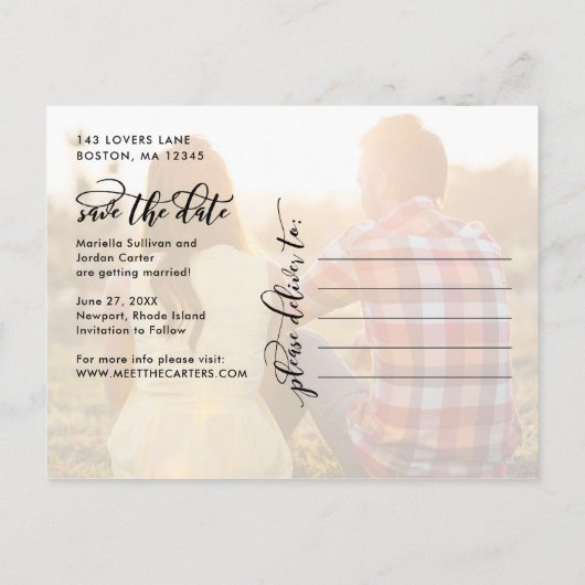 Einfache Kalligrafie Script Vollständiges Foto Sav Ankündigungspostkarte (Rückseite)