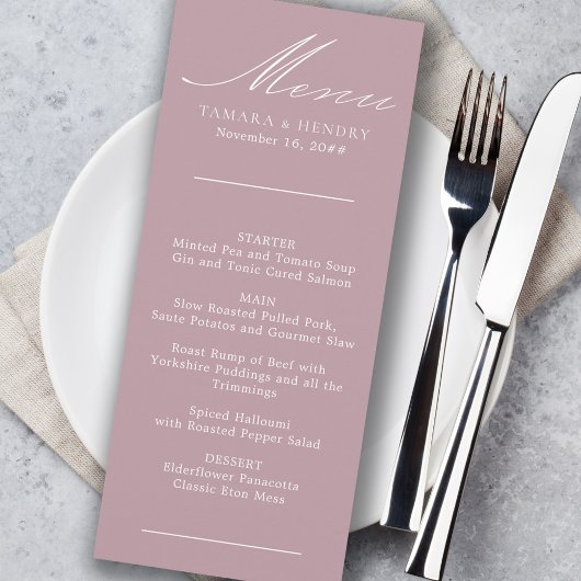 Einfache kalligraphische Dusty Rose Wedding Menu Menükarte