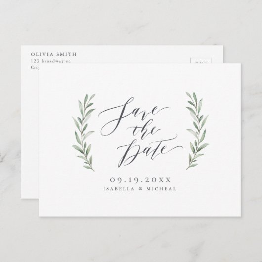 Einfache kalligraphische Hochzeit im rustikalen Gr Ankündigungspostkarte (Vorne/Hinten)