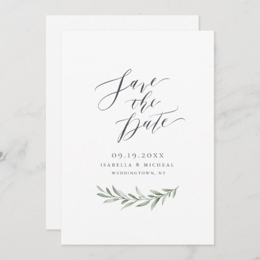 Einfache kalligraphische Hochzeit im rustikalen Gr Save The Date (Vorne/Hinten)