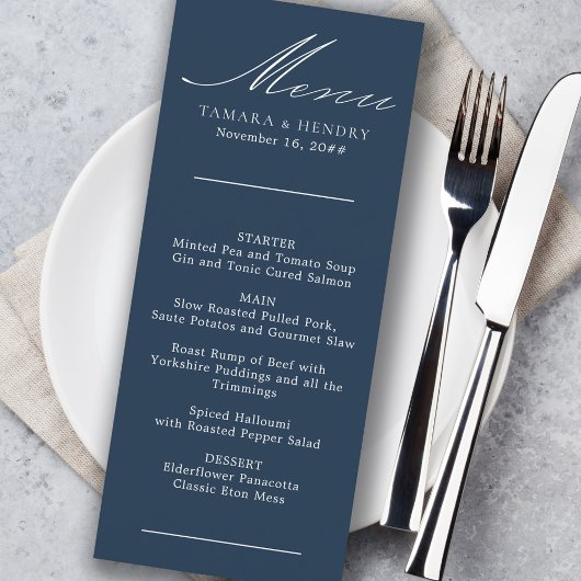 Einfache kalligraphische Navy Blue Wedding Menu Menükarte
