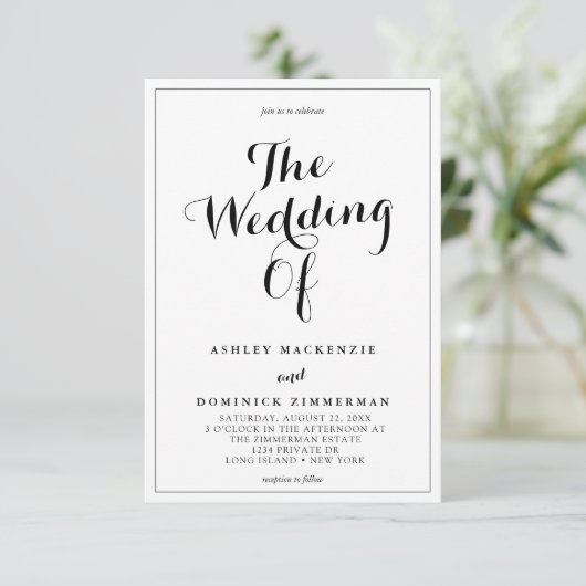 Einfache kalligraphische Schwarz-Weiß-Hochzeit Einladung (Stehend Vorderseite)