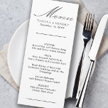 Einfache kalligraphische Schwarz-Weiß-Hochzeitsmen Menükarte<br><div class="desc">Spezielle Karte für Hochzeitsmenüs. Einfaches klassisches und elegantes Design Schwarz/Weiß, um sich mit Ihren Hochzeitsfarben abzustimmen (bitte stöbern Sie in meinem Shop nach anderen Farben oder klicken Sie auf "Weiter" und ändern Sie die Hintergrundfarbe in Anzug). Die Vorlage ist für Sie bereit, um die Braut und Bräutigam Namen, Hochzeitstag und...</div>