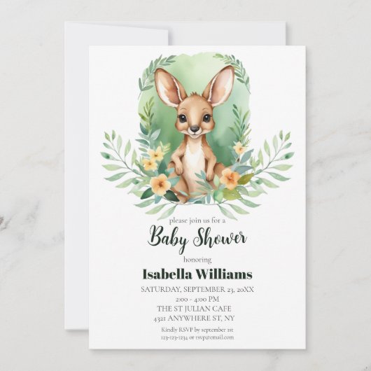 Einfache Kangaroo Watercolor Kinderdusche Einladung (Vorderseite)