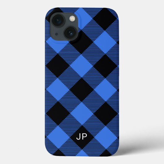 Einfache Karierte Schwarz-Blau-Initialen Case-Mate iPhone Hülle (Rückseite)