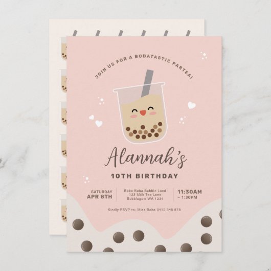 Einfache Kawaii Boba Blubble Milk Tee Rosa Geburts Einladung (Vorne/Hinten)