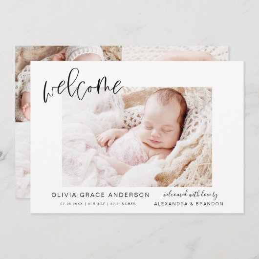 Einfache Kinderankündigung Elegantes Foto Collage Einladung (Vorne/Hinten)