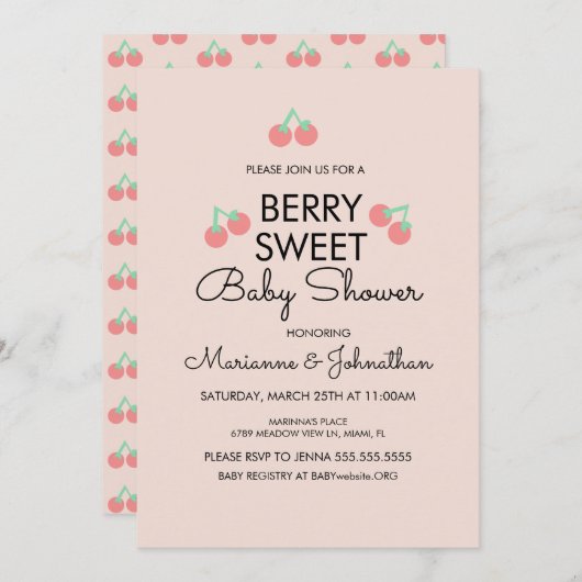 Einfache Kirschen Früchte Rosa Babydusche Einladun Einladung (Vorne/Hinten)