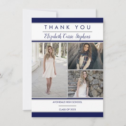 Einfache Klasse Drei Foto Blau | Weißer Abschluss Dankeskarte (Vorderseite)