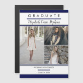 Einfache Klasse Drei Foto Blau |Weißer Abschluss Magnetkarte (Vorne/Hinten)