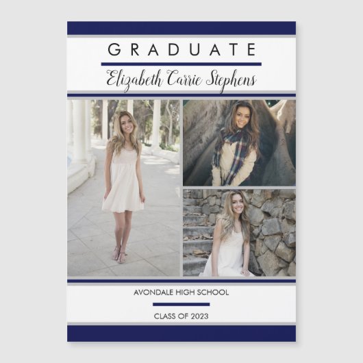 Einfache Klasse Drei Foto Blau |Weißer Abschluss Magnetkarte (Vorderseite)