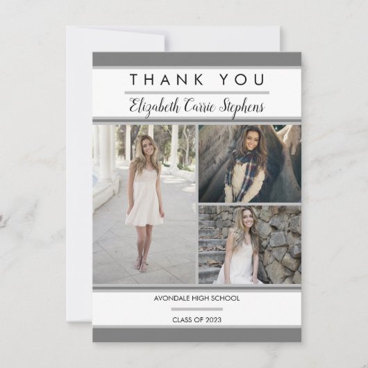 Einfache Klasse Drei Foto Grau | Weißer Abschluss Dankeskarte (Vorderseite)