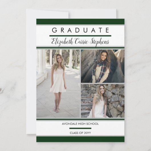 Einfache Klasse Drei Foto Grüner Abschluss Ankündigung (Vorderseite)