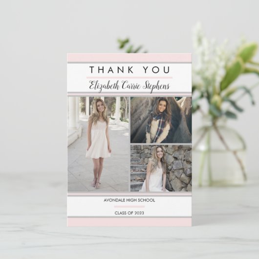 Einfache Klasse Drei Foto Rosa | Weißer Abschluss Dankeskarte (Stehend Vorderseite)