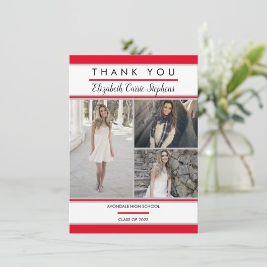 Einfache Klasse Drei Foto Rot | Weißer Abschluss Dankeskarte (Stehend Vorderseite)