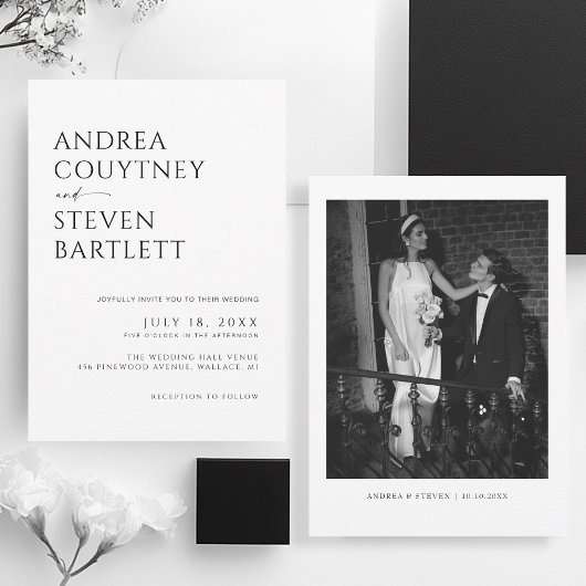 Einfache klassische Foto Schwarz-Weiß-Hochzeit Einladung