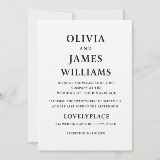 Einfache klassische Schwarz-Weiß-Hochzeit Einladung (Vorderseite)
